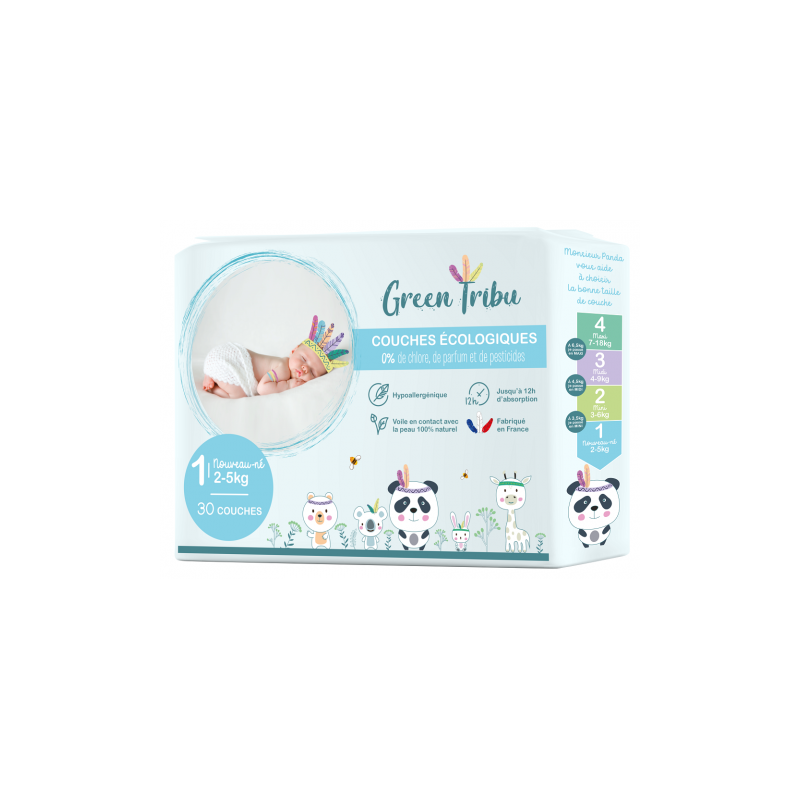 GREEN TRIBU COUCHES ÉCOLOGIQUES HYPOALLERGÉNIQUES POUR BÉBÉ TAILLE 1 " 2 À 5 KG"